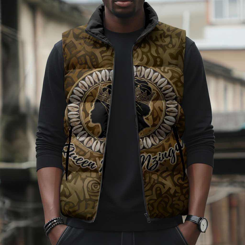 Queen Nzinga Sleeveless Puffer Jacket Cowrie Crown Silhouette Royal Power - Wonder Print Shop