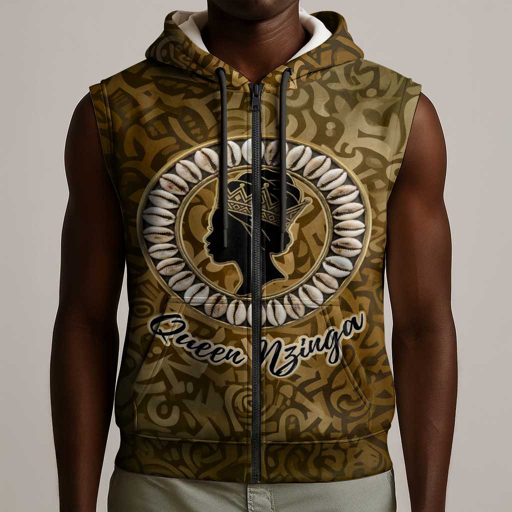 Queen Nzinga Sleeveless Zip Hoodie Cowrie Crown Silhouette Royal Power - Wonder Print Shop
