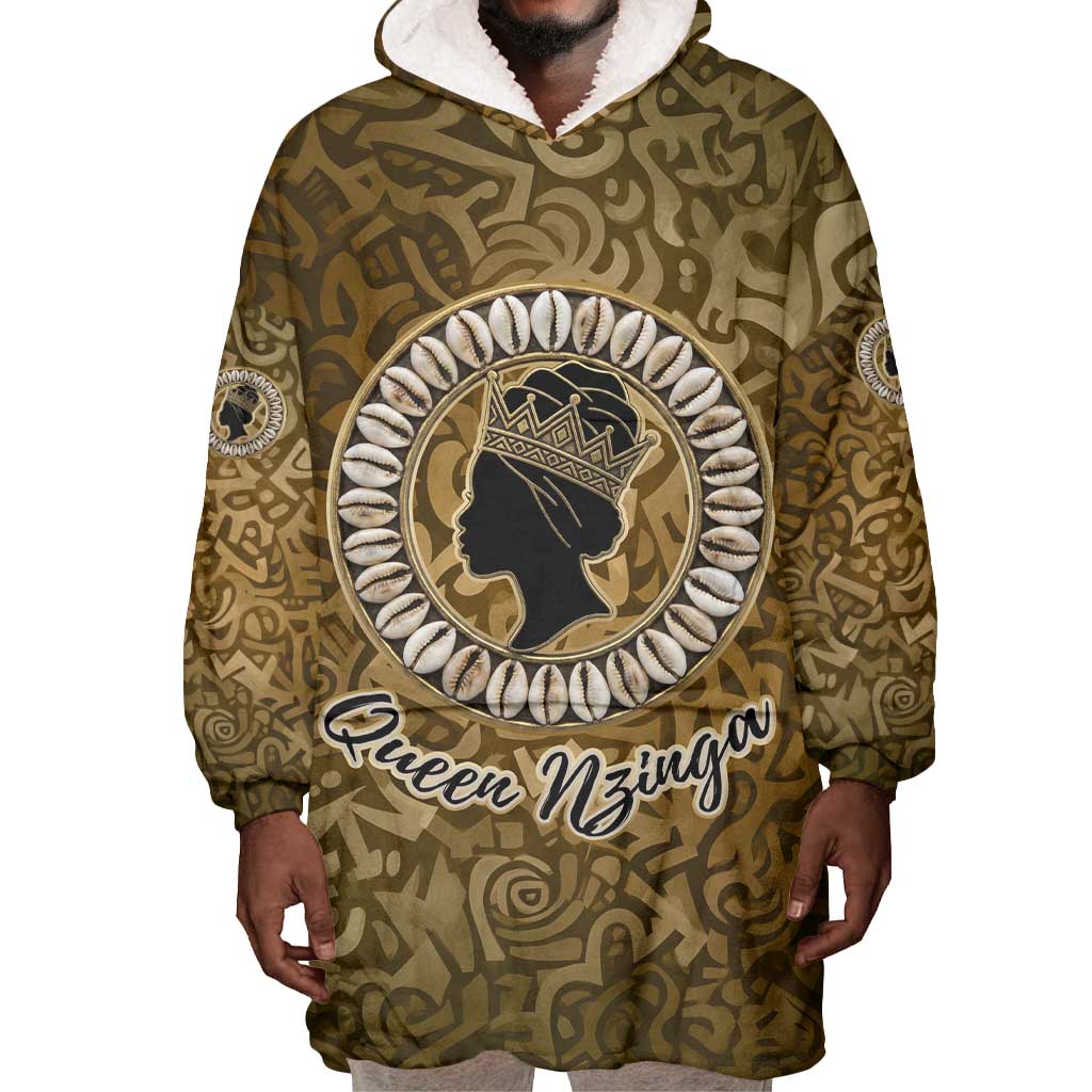Queen Nzinga Wearable Blanket Hoodie Cowrie Crown Silhouette Royal Power - Wonder Print Shop