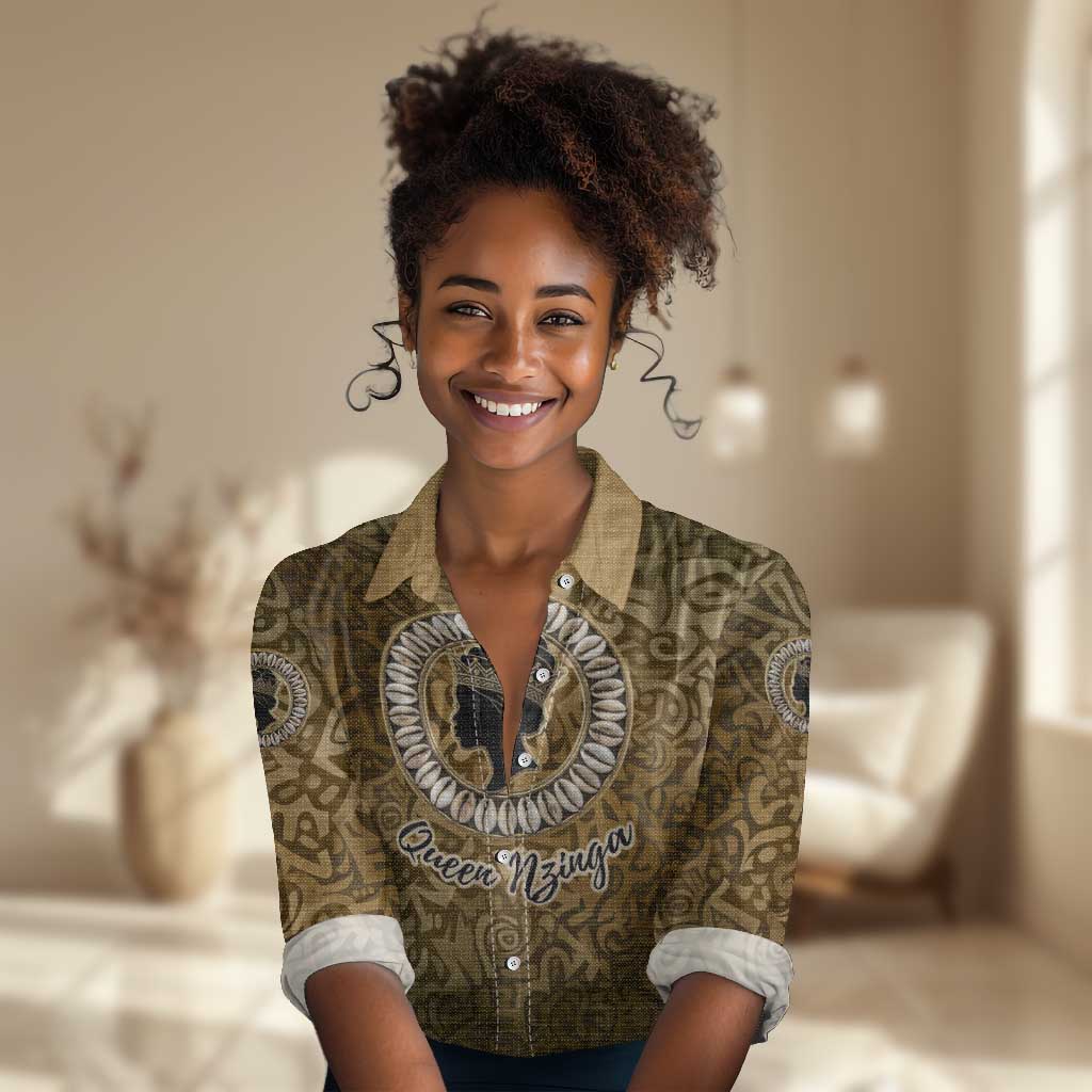 Queen Nzinga Women Casual Shirt Cowrie Crown Silhouette Royal Power - Wonder Print Shop