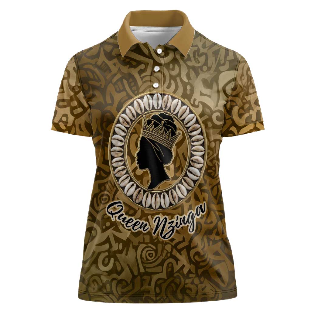 Queen Nzinga Women Polo Shirt Cowrie Crown Silhouette Royal Power - Wonder Print Shop