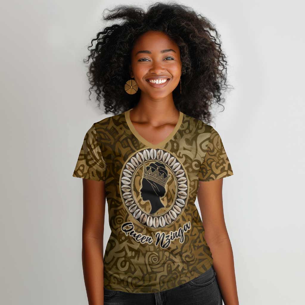 Queen Nzinga Women V-Neck T-Shirt Cowrie Crown Silhouette Royal Power - Wonder Print Shop