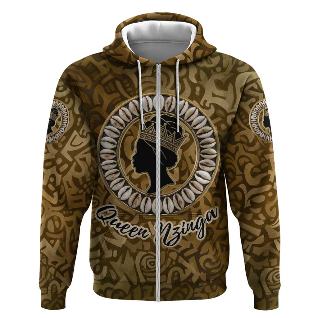 Queen Nzinga Zip Hoodie Cowrie Crown Silhouette Royal Power - Wonder Print Shop