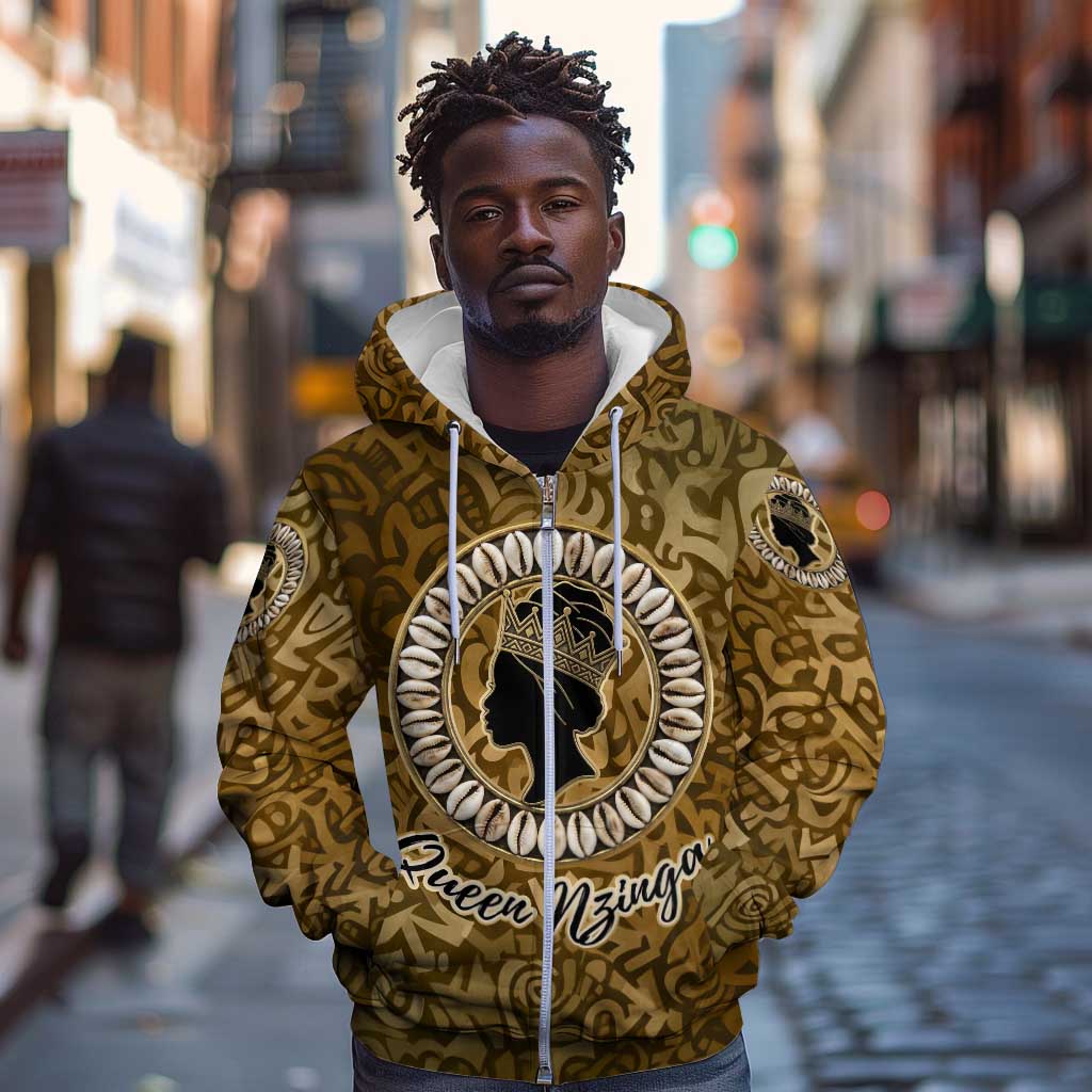 Queen Nzinga Zip Hoodie Cowrie Crown Silhouette Royal Power - Wonder Print Shop