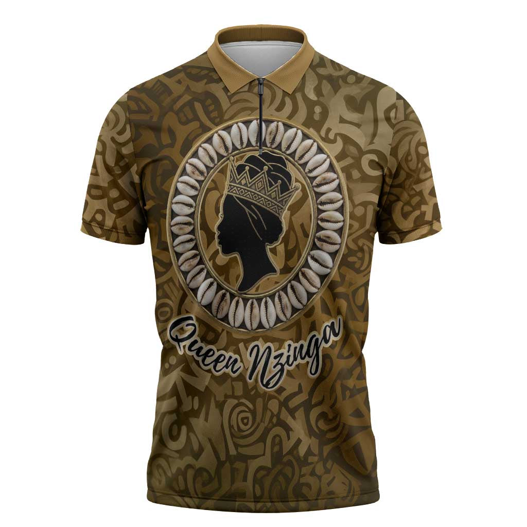 Queen Nzinga Zipper Polo Shirt Cowrie Crown Silhouette Royal Power - Wonder Print Shop