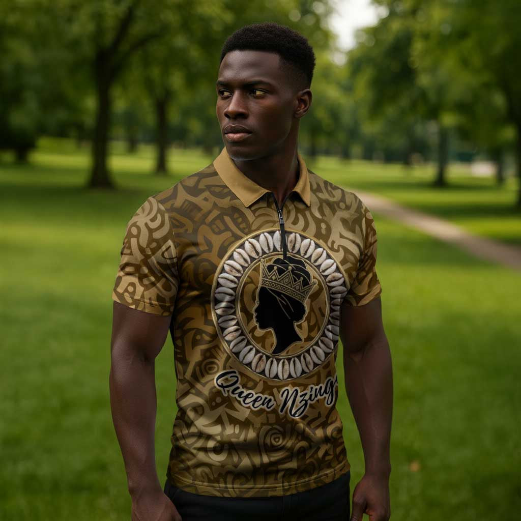 Queen Nzinga Zipper Polo Shirt Cowrie Crown Silhouette Royal Power - Wonder Print Shop