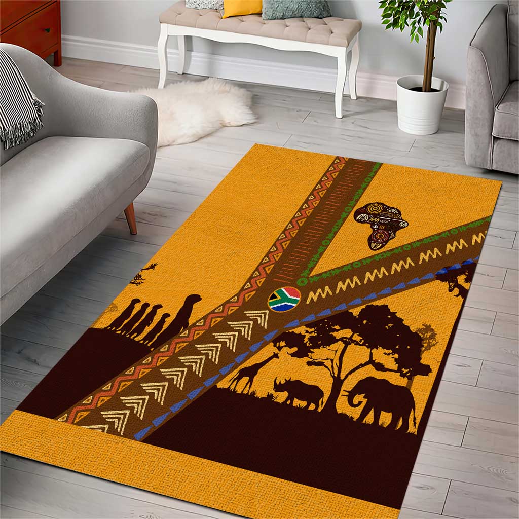 Tribal Africa Heritage with South Africa Flag Area Rug Wildlife Silhouettes in Earthy Yellow and Brown