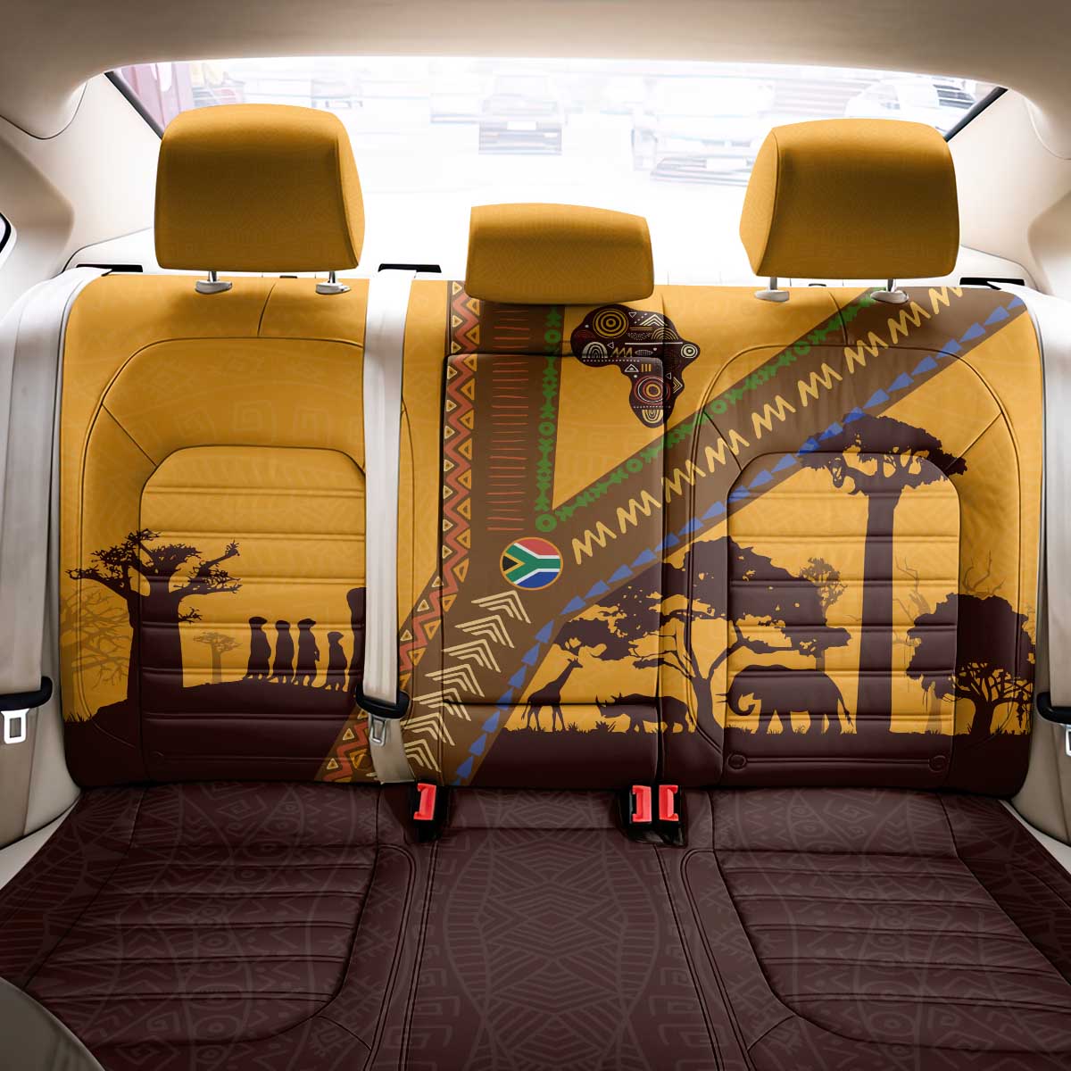 Tribal Africa Heritage with South Africa Flag Back Car Seat Cover Wildlife Silhouettes in Earthy Yellow and Brown