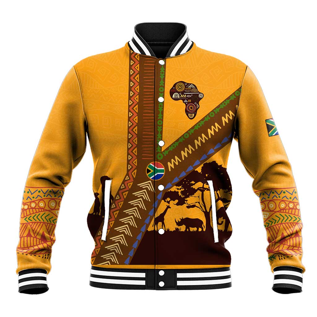 Tribal Africa Heritage with South Africa Flag Baseball Jacket Wildlife Silhouettes in Earthy Yellow and Brown