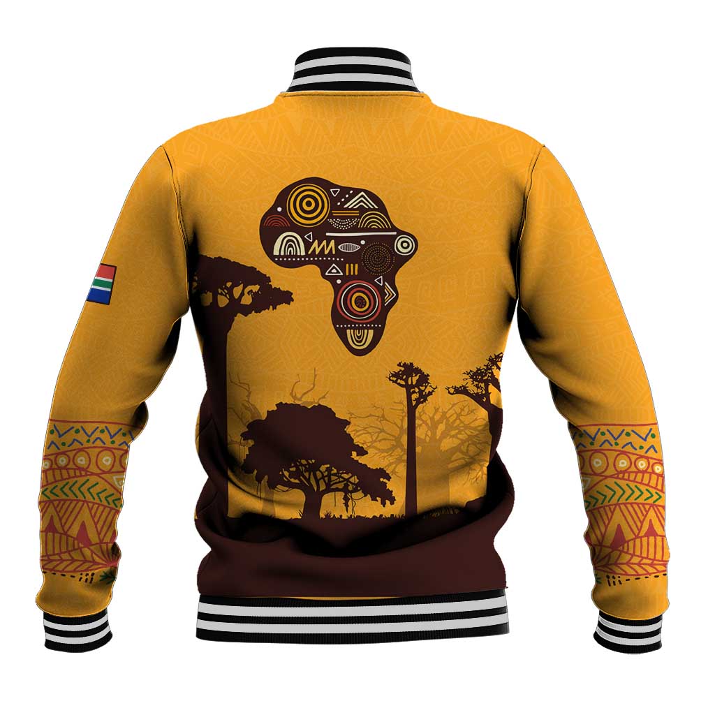 Tribal Africa Heritage with South Africa Flag Baseball Jacket Wildlife Silhouettes in Earthy Yellow and Brown
