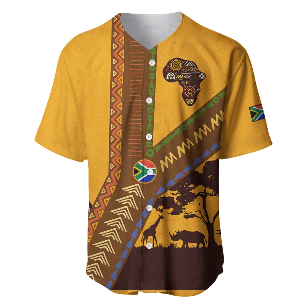 Tribal Africa Heritage with South Africa Flag Baseball Jersey Wildlife Silhouettes in Earthy Yellow and Brown