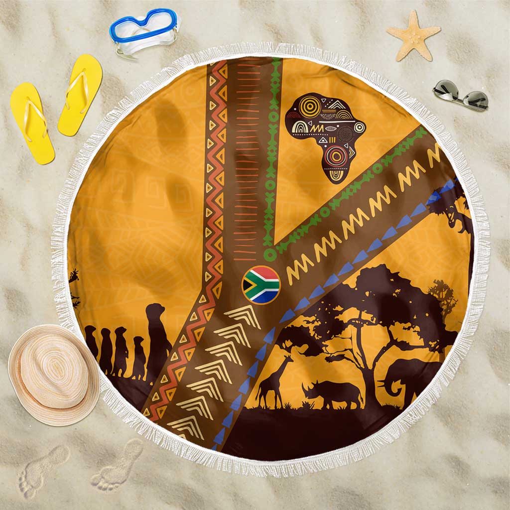 Tribal Africa Heritage with South Africa Flag Beach Blanket Wildlife Silhouettes in Earthy Yellow and Brown