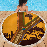 Tribal Africa Heritage with South Africa Flag Beach Blanket Wildlife Silhouettes in Earthy Yellow and Brown