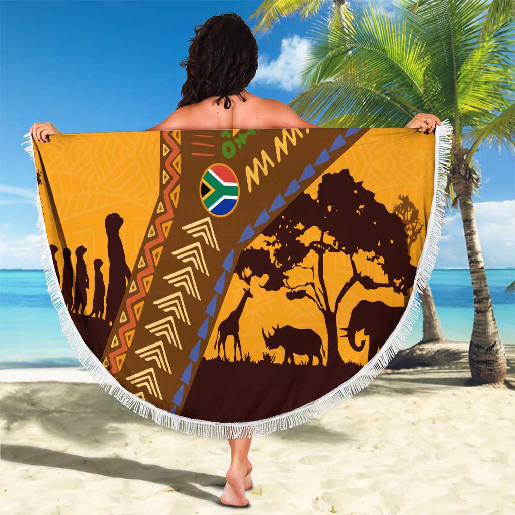 Tribal Africa Heritage with South Africa Flag Beach Blanket Wildlife Silhouettes in Earthy Yellow and Brown
