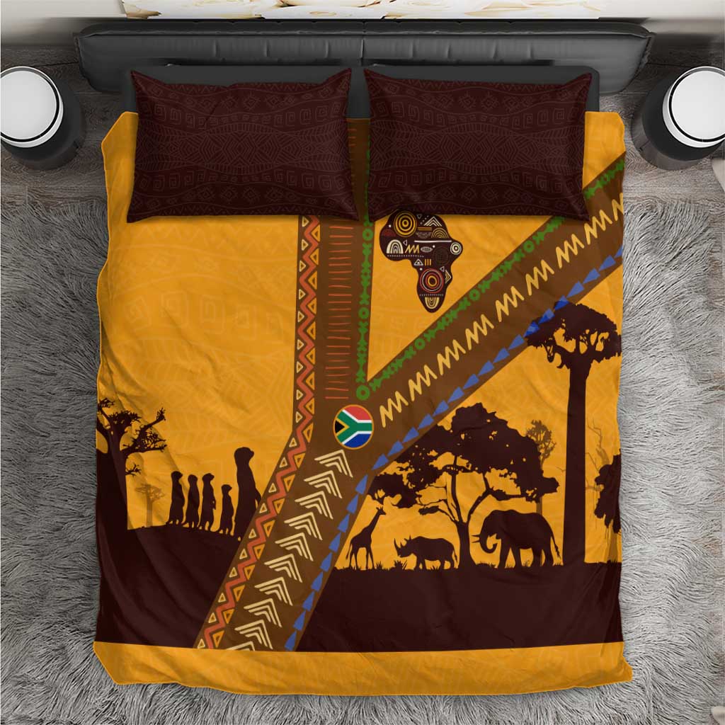 Tribal Africa Heritage with South Africa Flag Bedding Set Wildlife Silhouettes in Earthy Yellow and Brown