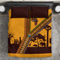 Tribal Africa Heritage with South Africa Flag Bedding Set Wildlife Silhouettes in Earthy Yellow and Brown