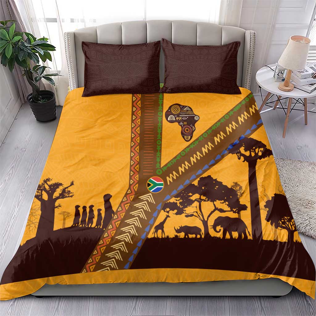 Tribal Africa Heritage with South Africa Flag Bedding Set Wildlife Silhouettes in Earthy Yellow and Brown