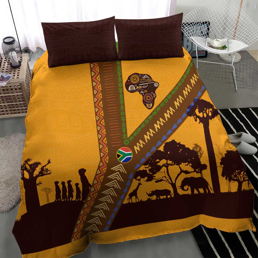 Tribal Africa Heritage with South Africa Flag Bedding Set Wildlife Silhouettes in Earthy Yellow and Brown