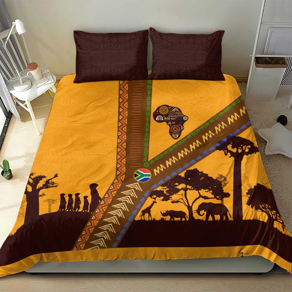 Tribal Africa Heritage with South Africa Flag Bedding Set Wildlife Silhouettes in Earthy Yellow and Brown