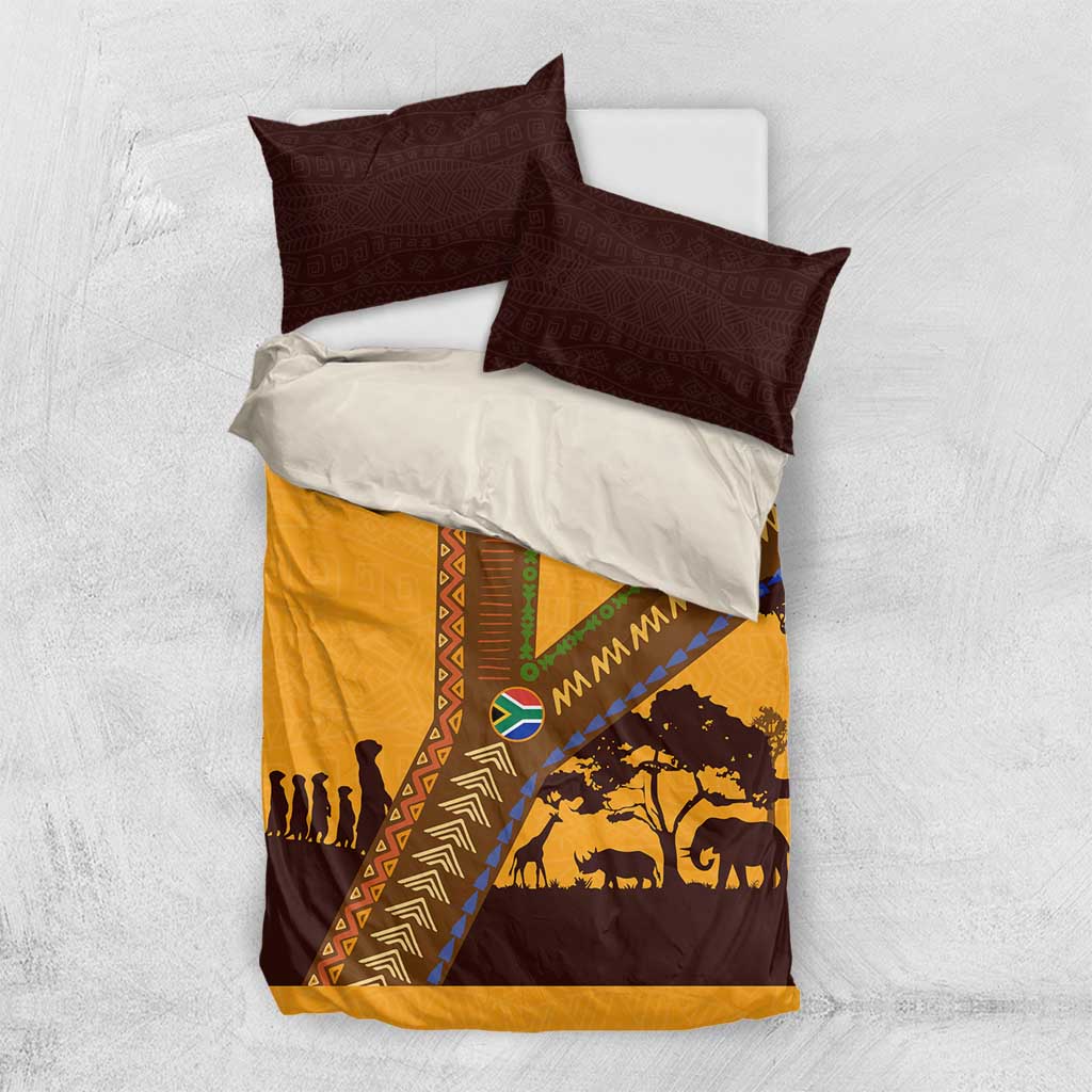 Tribal Africa Heritage with South Africa Flag Bedding Set Wildlife Silhouettes in Earthy Yellow and Brown