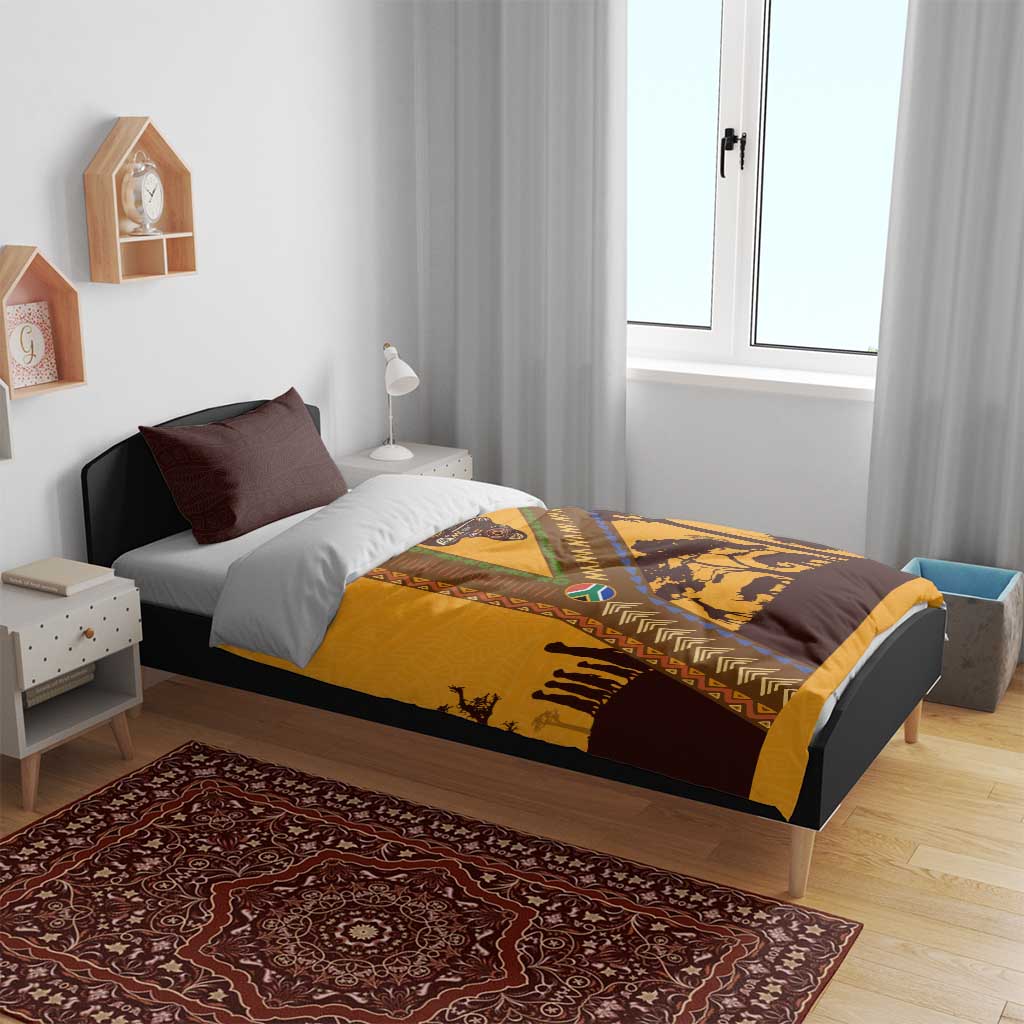 Tribal Africa Heritage with South Africa Flag Bedding Set Wildlife Silhouettes in Earthy Yellow and Brown