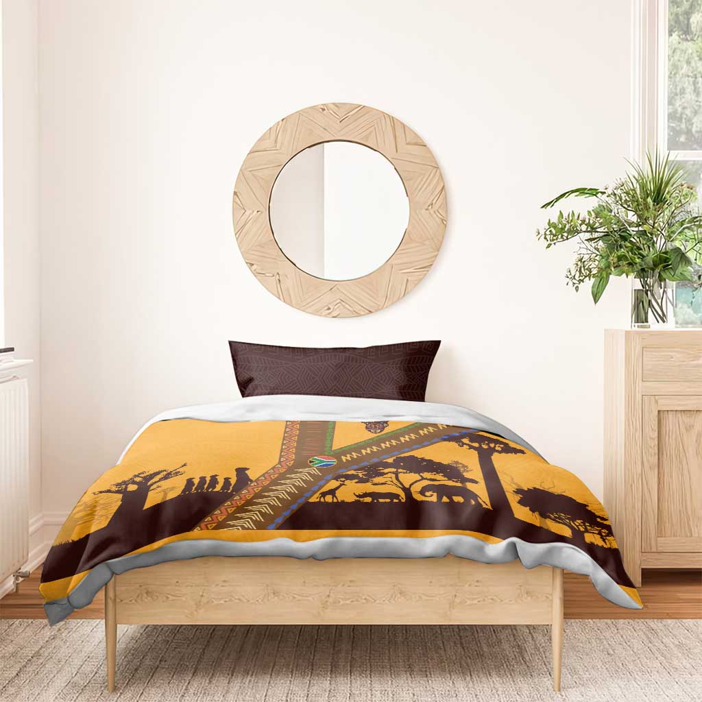 Tribal Africa Heritage with South Africa Flag Bedding Set Wildlife Silhouettes in Earthy Yellow and Brown