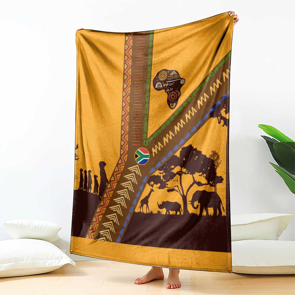 Tribal Africa Heritage with South Africa Flag Blanket Wildlife Silhouettes in Earthy Yellow and Brown