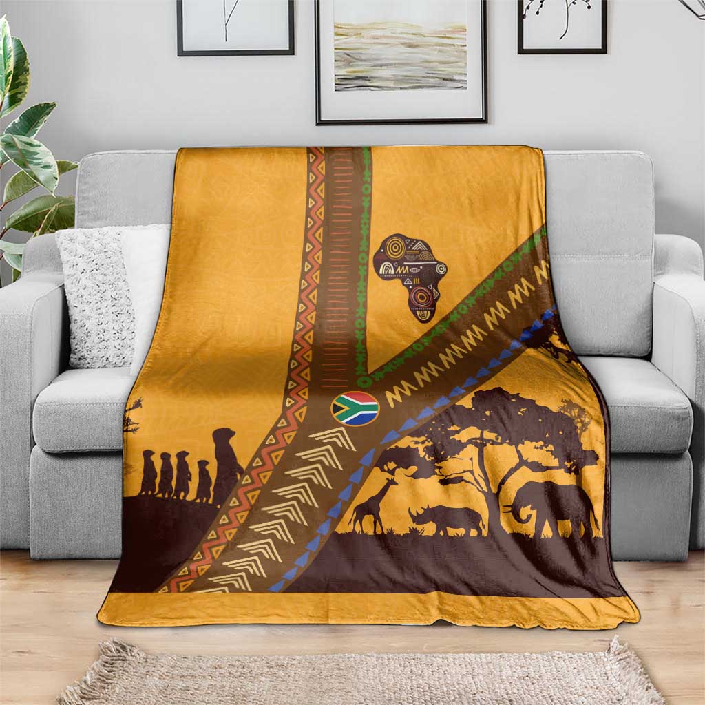 Tribal Africa Heritage with South Africa Flag Blanket Wildlife Silhouettes in Earthy Yellow and Brown