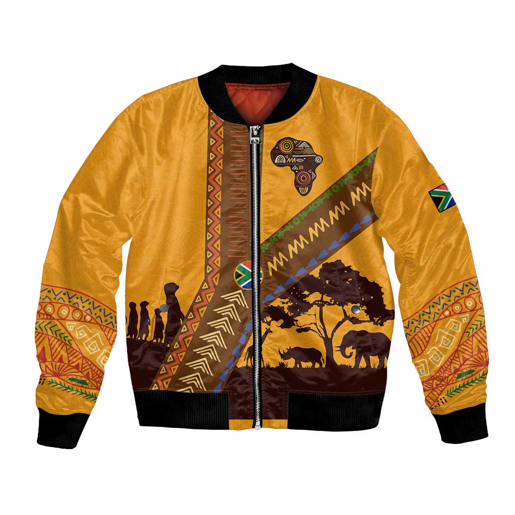 Tribal Africa Heritage with South Africa Flag Bomber Jacket Wildlife Silhouettes in Earthy Yellow and Brown