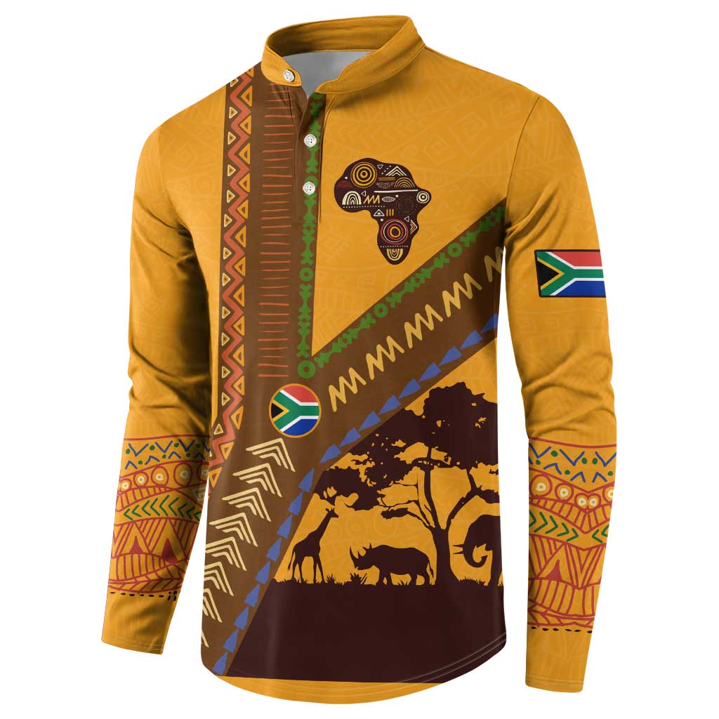 Tribal Africa Heritage with South Africa Flag Button Sweatshirt Wildlife Silhouettes in Earthy Yellow and Brown