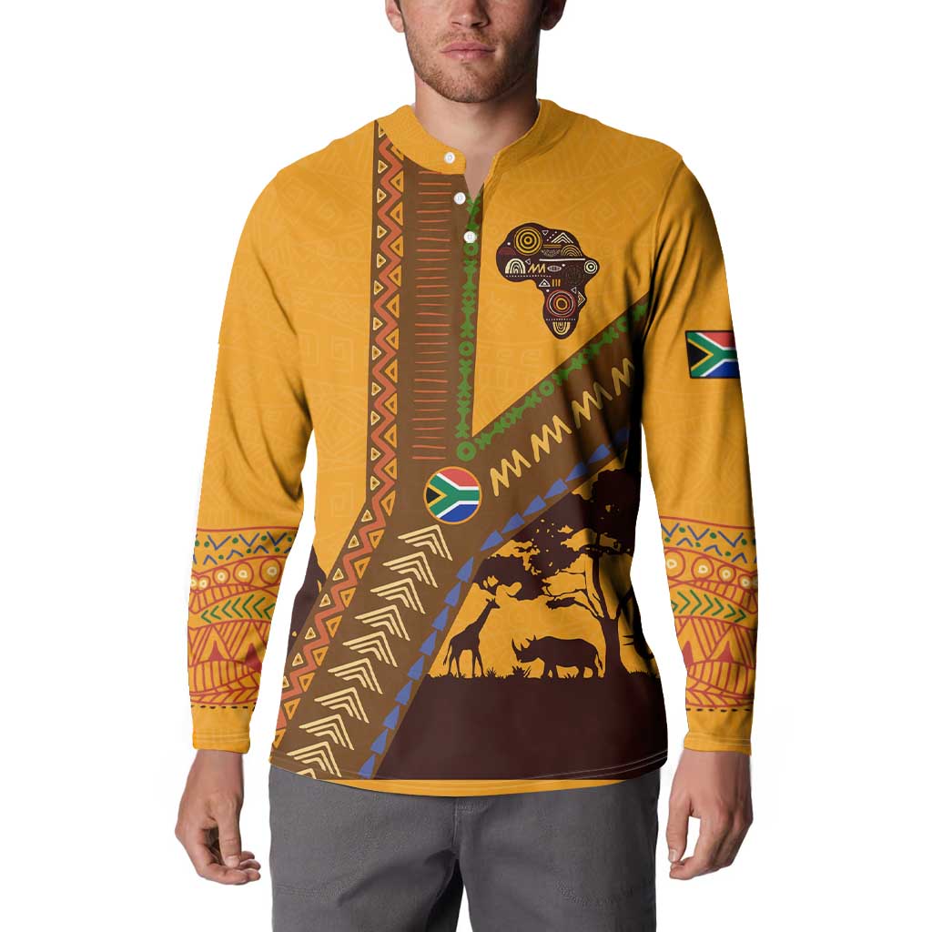 Tribal Africa Heritage with South Africa Flag Button Sweatshirt Wildlife Silhouettes in Earthy Yellow and Brown