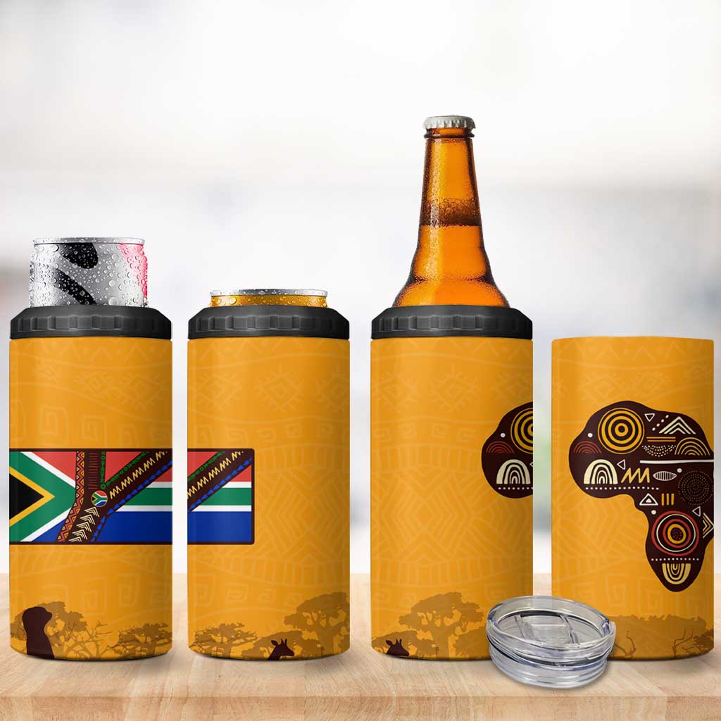 Tribal Africa Heritage with South Africa Flag 4 in 1 Can Cooler Tumbler Wildlife Silhouettes in Earthy Yellow and Brown