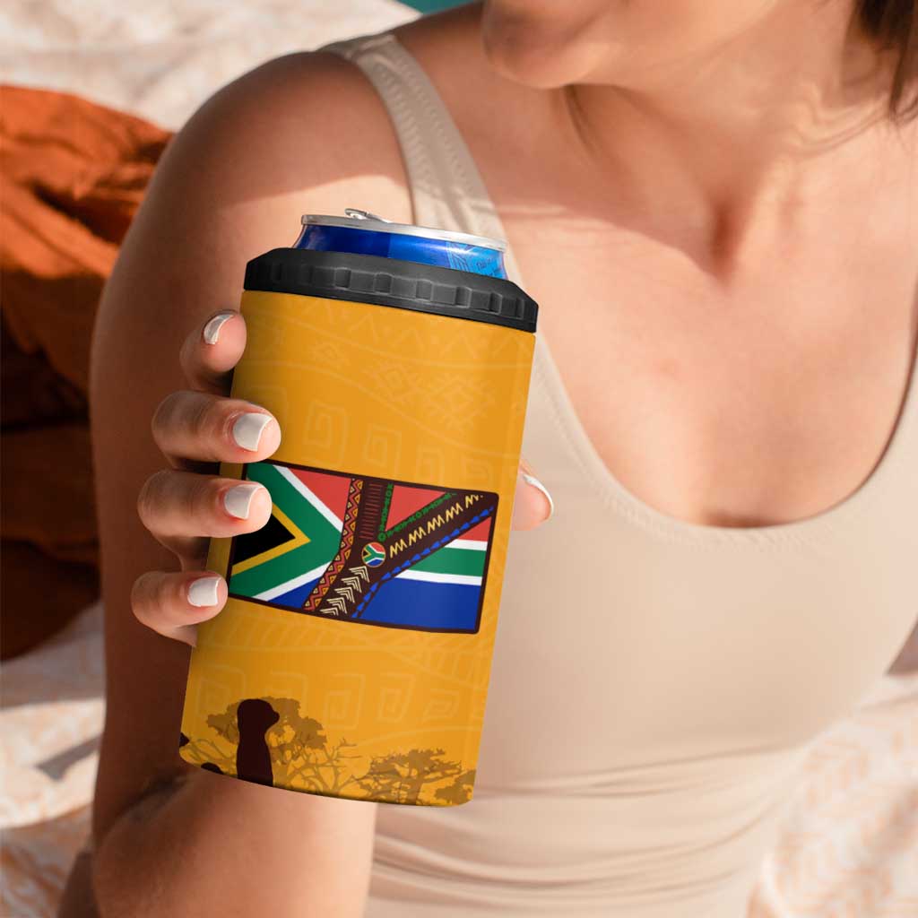 Tribal Africa Heritage with South Africa Flag 4 in 1 Can Cooler Tumbler Wildlife Silhouettes in Earthy Yellow and Brown