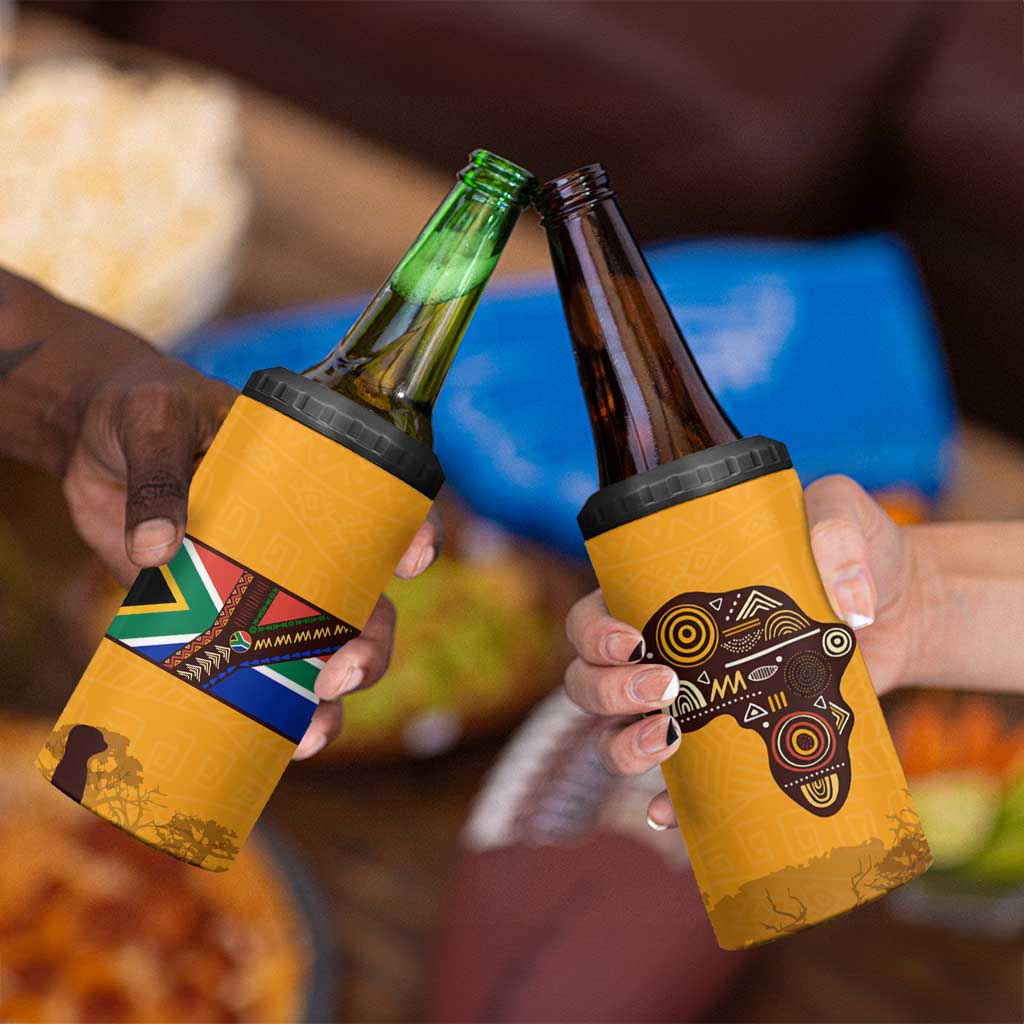 Tribal Africa Heritage with South Africa Flag 4 in 1 Can Cooler Tumbler Wildlife Silhouettes in Earthy Yellow and Brown