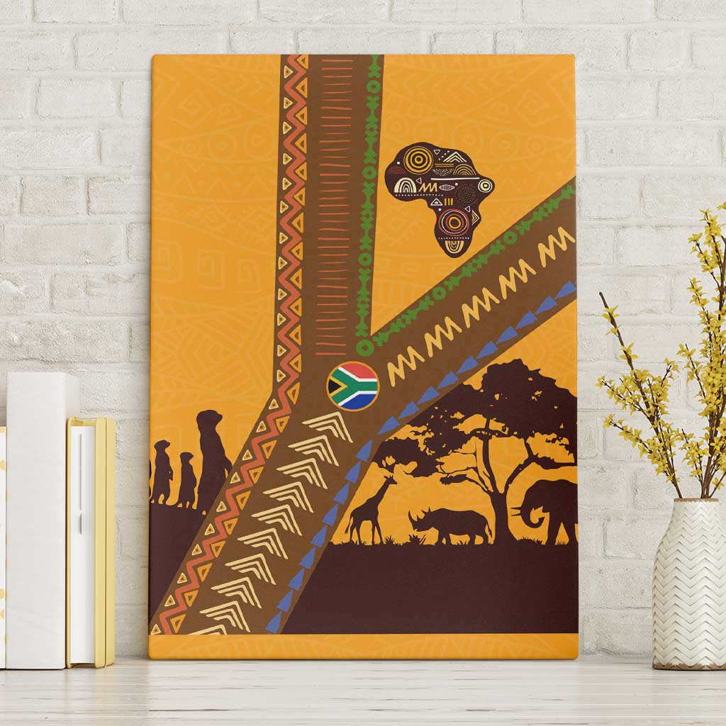 Tribal Africa Heritage with South Africa Flag Canvas Wall Art Wildlife Silhouettes in Earthy Yellow and Brown