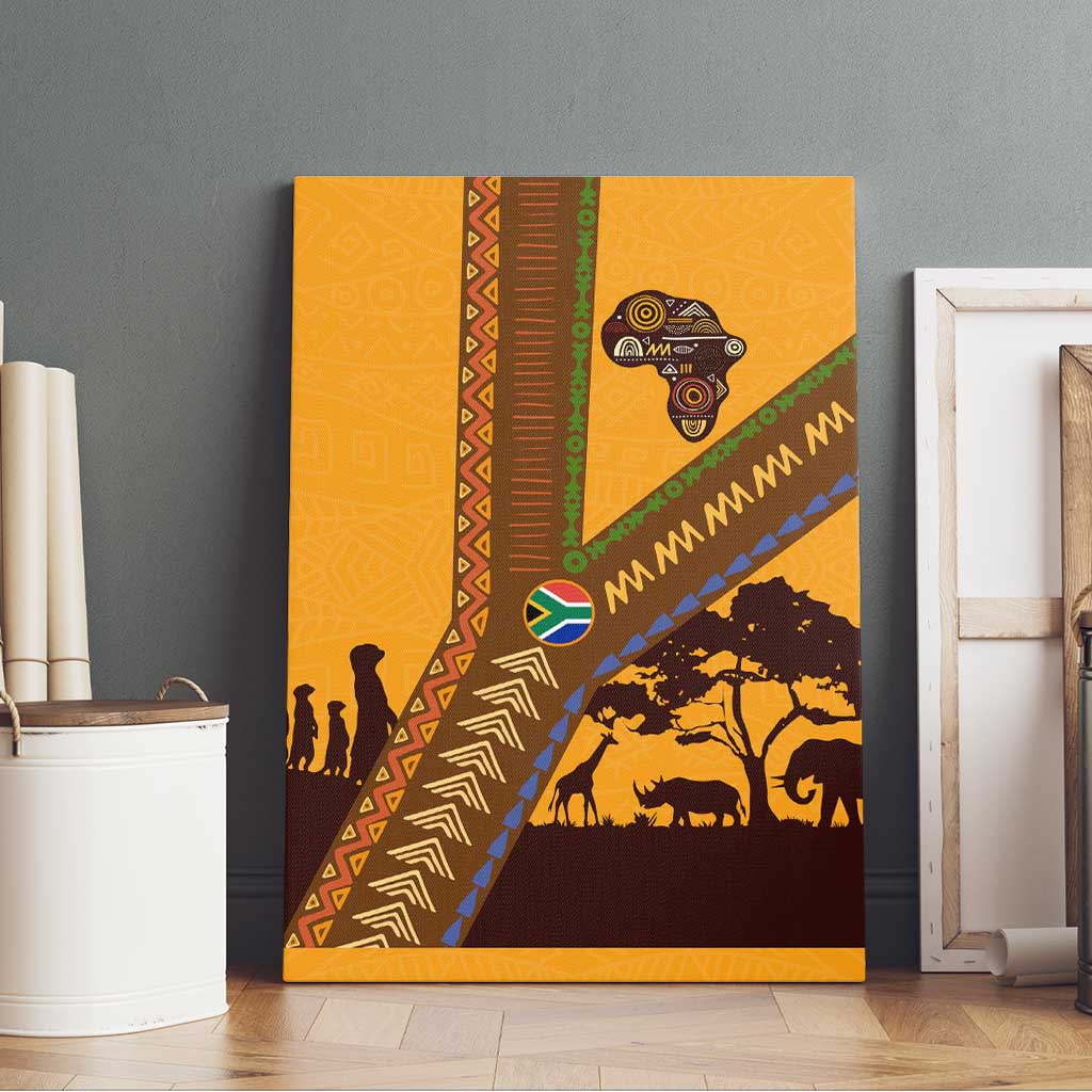 Tribal Africa Heritage with South Africa Flag Canvas Wall Art Wildlife Silhouettes in Earthy Yellow and Brown