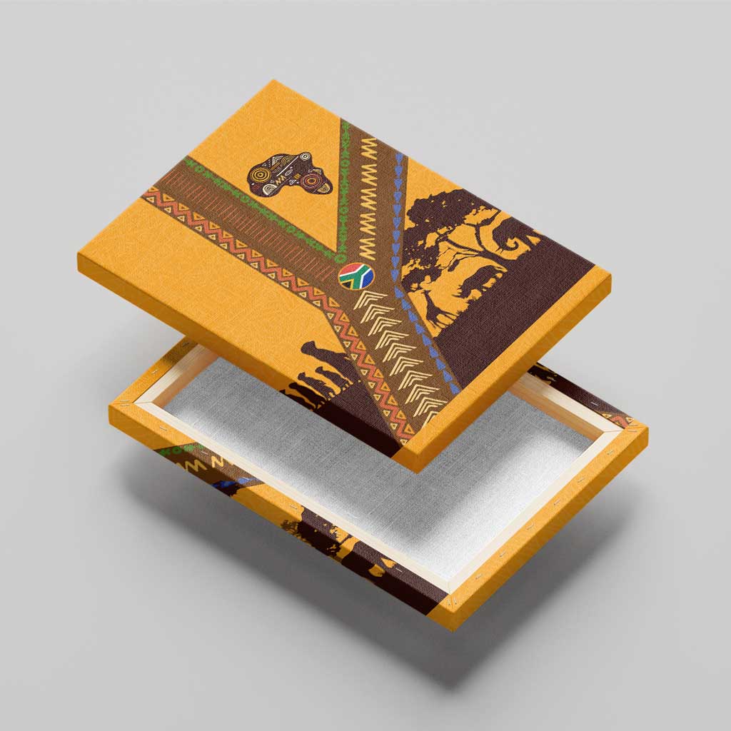 Tribal Africa Heritage with South Africa Flag Canvas Wall Art Wildlife Silhouettes in Earthy Yellow and Brown