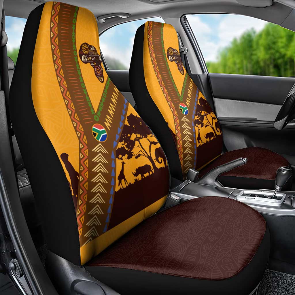 Tribal Africa Heritage with South Africa Flag Car Seat Cover Wildlife Silhouettes in Earthy Yellow and Brown