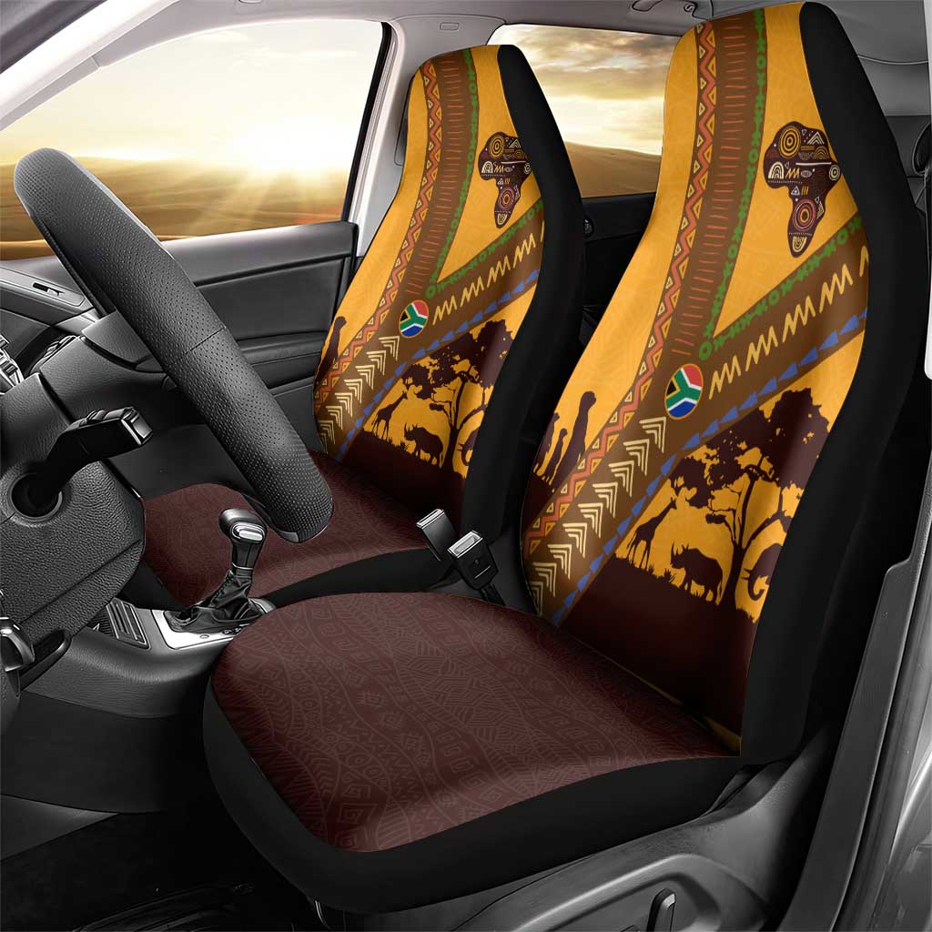 Tribal Africa Heritage with South Africa Flag Car Seat Cover Wildlife Silhouettes in Earthy Yellow and Brown