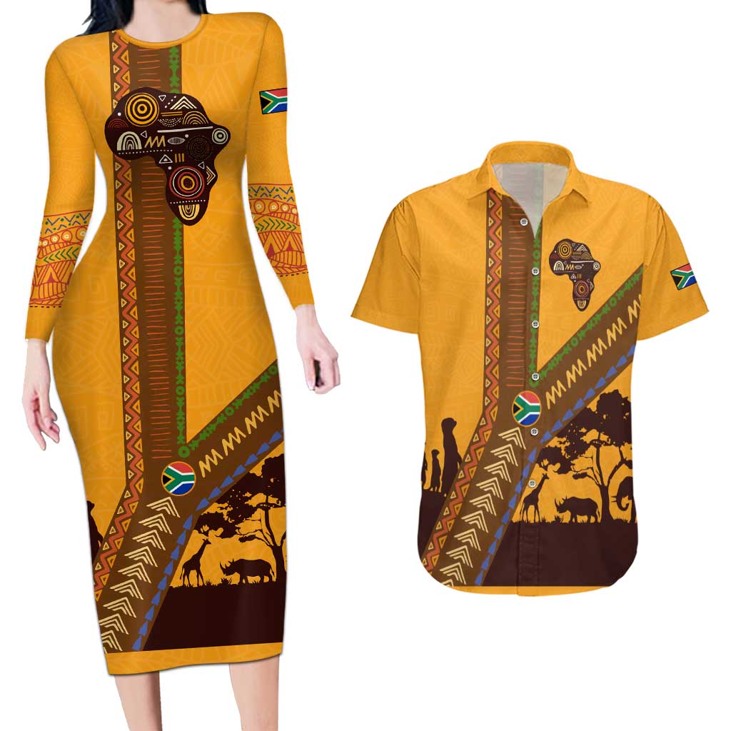 Tribal Africa Heritage with South Africa Flag Couples Matching Long Sleeve Bodycon Dress and Hawaiian Shirt Wildlife Silhouettes in Earthy Yellow and Brown
