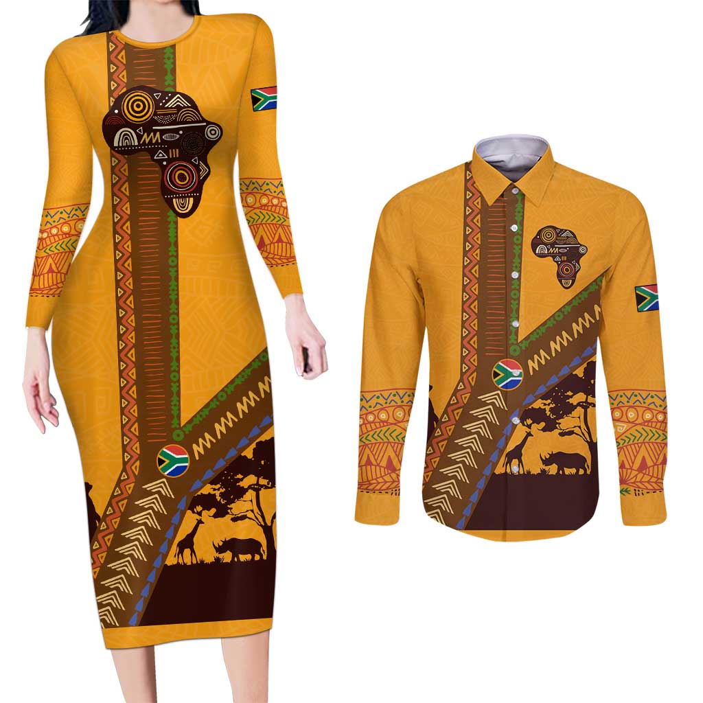 Tribal Africa Heritage with South Africa Flag Couples Matching Long Sleeve Bodycon Dress and Long Sleeve Button Shirt Wildlife Silhouettes in Earthy Yellow and Brown