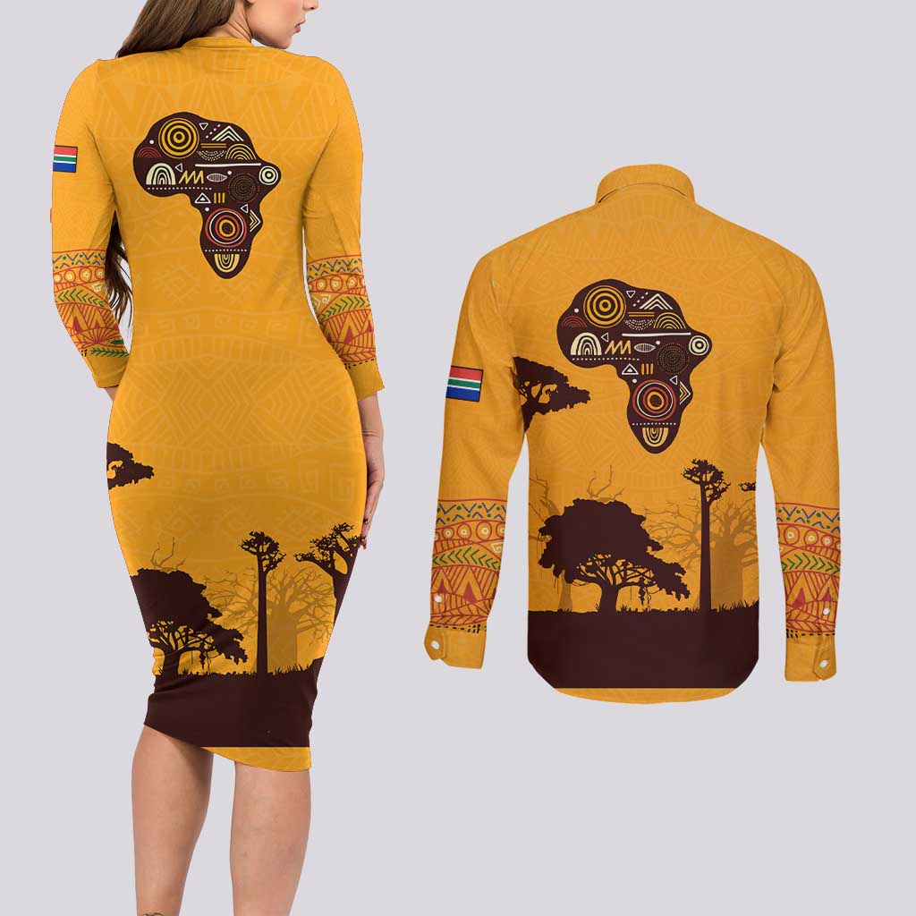 Tribal Africa Heritage with South Africa Flag Couples Matching Long Sleeve Bodycon Dress and Long Sleeve Button Shirt Wildlife Silhouettes in Earthy Yellow and Brown