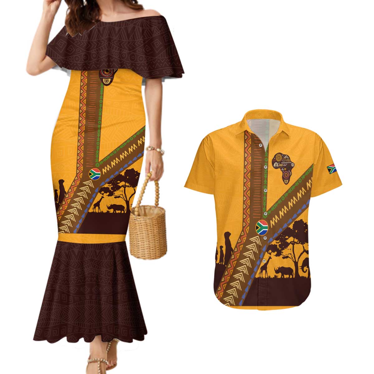 Tribal Africa Heritage with South Africa Flag Couples Matching Mermaid Dress and Hawaiian Shirt Wildlife Silhouettes in Earthy Yellow and Brown