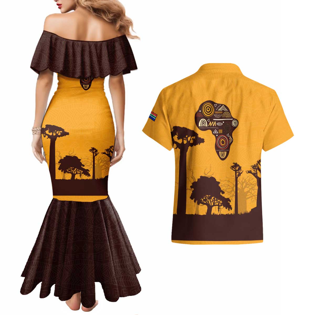 Tribal Africa Heritage with South Africa Flag Couples Matching Mermaid Dress and Hawaiian Shirt Wildlife Silhouettes in Earthy Yellow and Brown