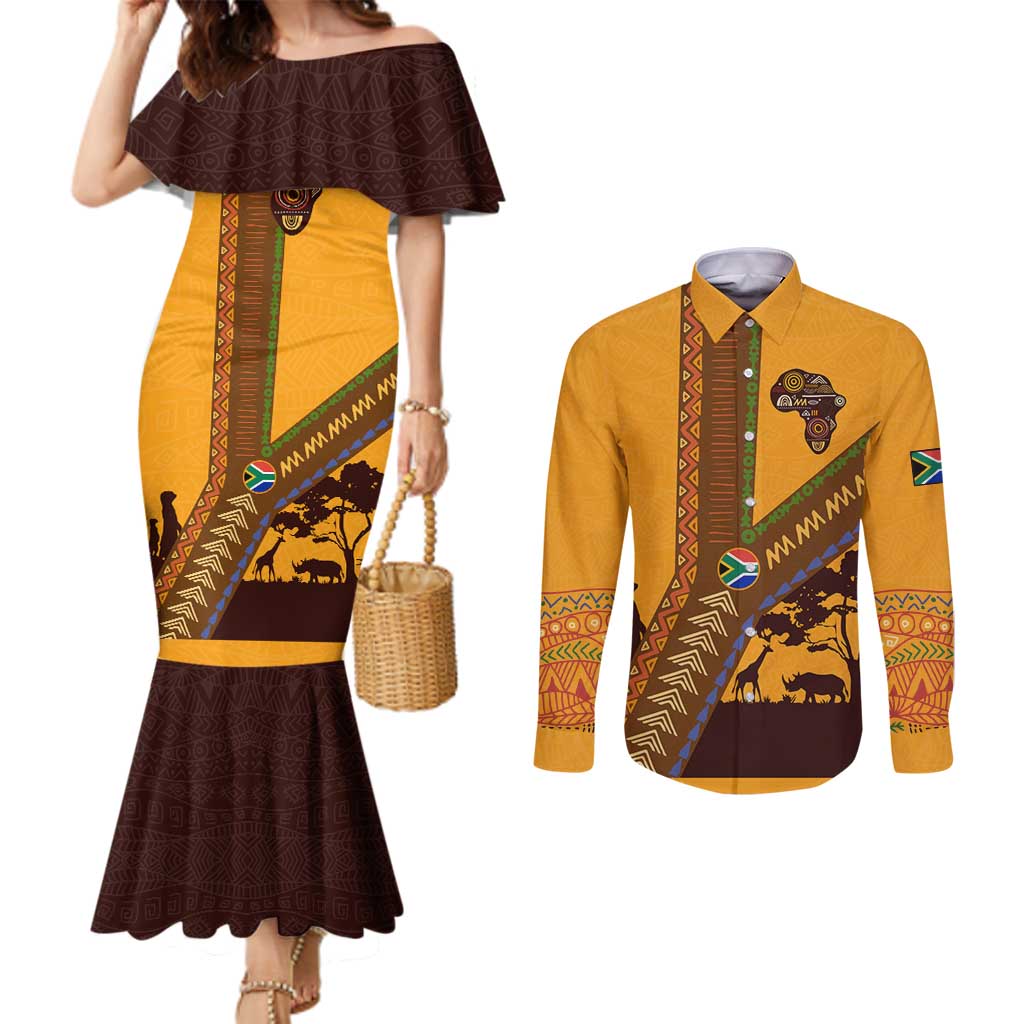 Tribal Africa Heritage with South Africa Flag Couples Matching Mermaid Dress and Long Sleeve Button Shirt Wildlife Silhouettes in Earthy Yellow and Brown
