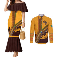 Tribal Africa Heritage with South Africa Flag Couples Matching Mermaid Dress and Long Sleeve Button Shirt Wildlife Silhouettes in Earthy Yellow and Brown