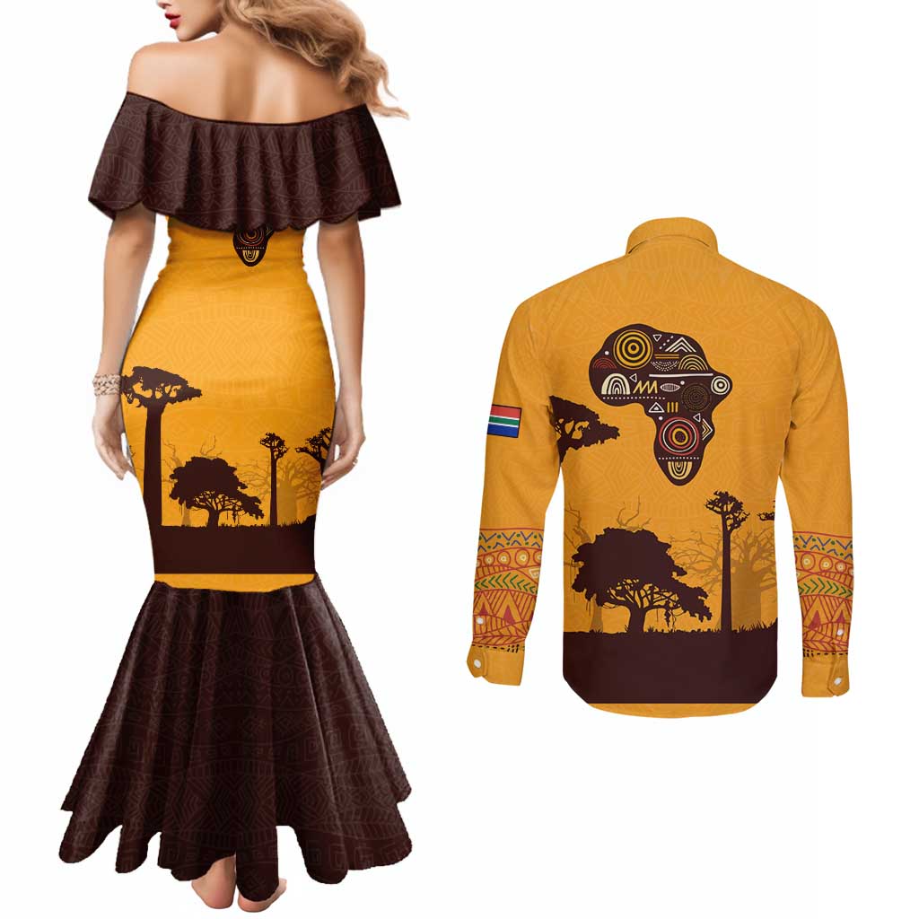 Tribal Africa Heritage with South Africa Flag Couples Matching Mermaid Dress and Long Sleeve Button Shirt Wildlife Silhouettes in Earthy Yellow and Brown