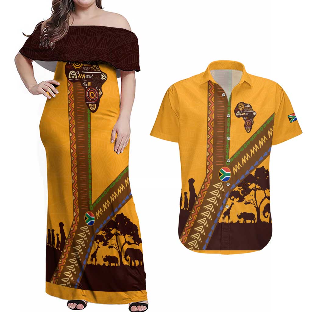 Tribal Africa Heritage with South Africa Flag Couples Matching Off Shoulder Maxi Dress and Hawaiian Shirt Wildlife Silhouettes in Earthy Yellow and Brown