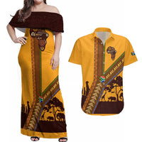 Tribal Africa Heritage with South Africa Flag Couples Matching Off Shoulder Maxi Dress and Hawaiian Shirt Wildlife Silhouettes in Earthy Yellow and Brown