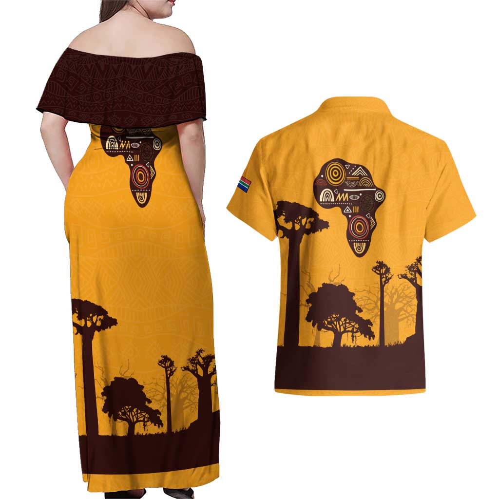 Tribal Africa Heritage with South Africa Flag Couples Matching Off Shoulder Maxi Dress and Hawaiian Shirt Wildlife Silhouettes in Earthy Yellow and Brown